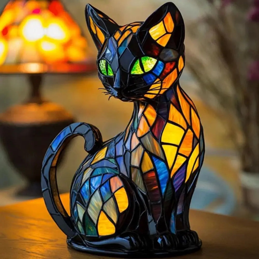 New Durable Stained Glass Cat Lamp Cats Stained Resin 3D Cute Tabletop Retro High Quality Pet Led Table Light Home Bedroom