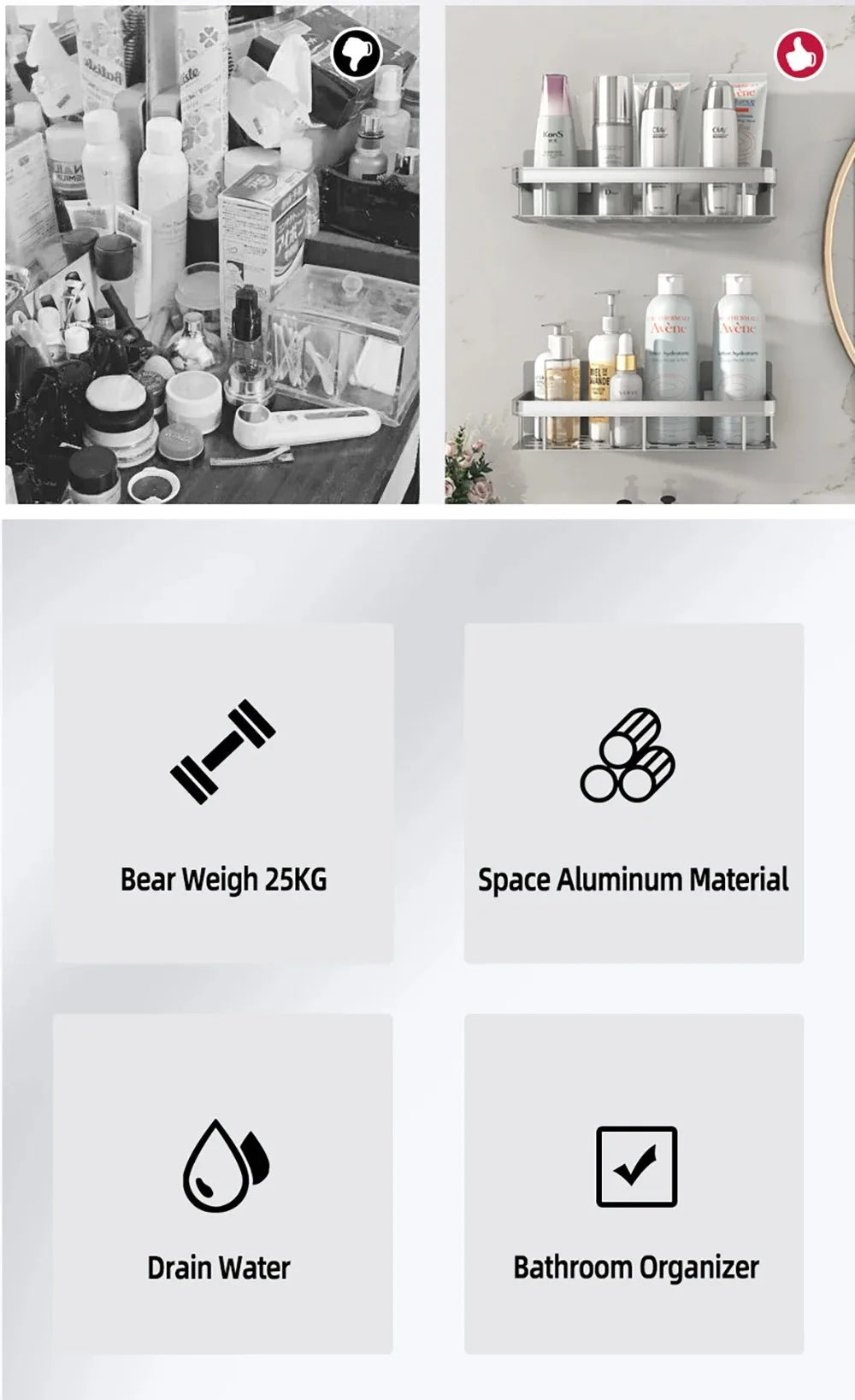 Wall Hanging Corner Rectangular Rack Bathroom Shelf Towel Rack Shelves Wall Shower Shampoo Rack No Drill Shelf Tripod