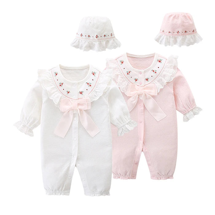 Infant Baby Girls Jumpsuit+Hat Embroidery Lace Stitching Cotton Long Sleeve Toddler Baby Girl Romper Spring Autumn Baby Clothes