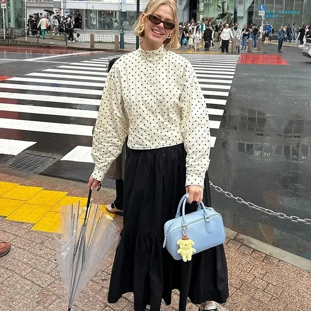 Tuularose Zipper Full Sleeve Short Polka Dot Printing Thin Jackets Women Casual Stand Neck Slim Coat Lady New Highstreet Outwear