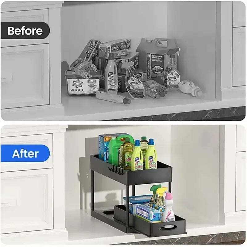 New 2 Tier Under Sink Organizer Sliding Cabinet Basket Kitchen Organizer Organizer Storage Rack with Hooks Hanging Cup Bathroom
