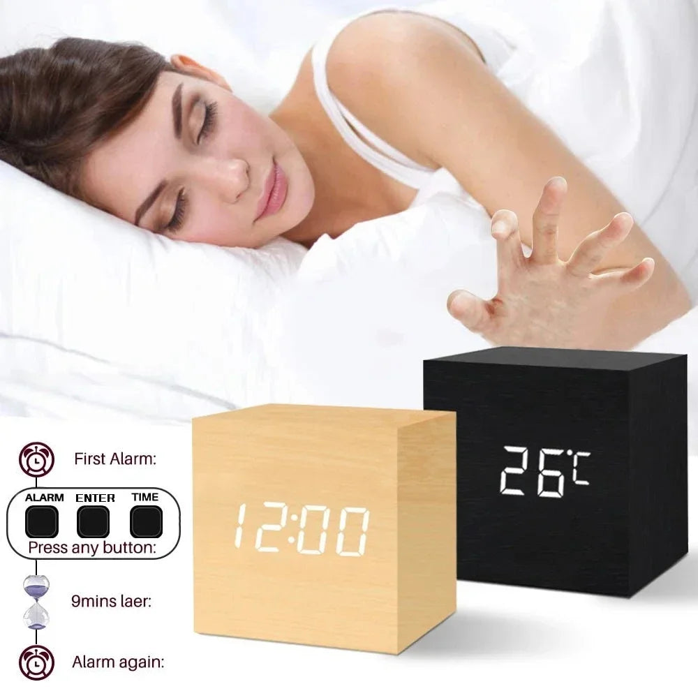 Wooden Digital Alarm Clock with Temperature Sound Control Electronic Clocks Desktop USB/AAA Powered Desperadoe LED Bedside ClocK