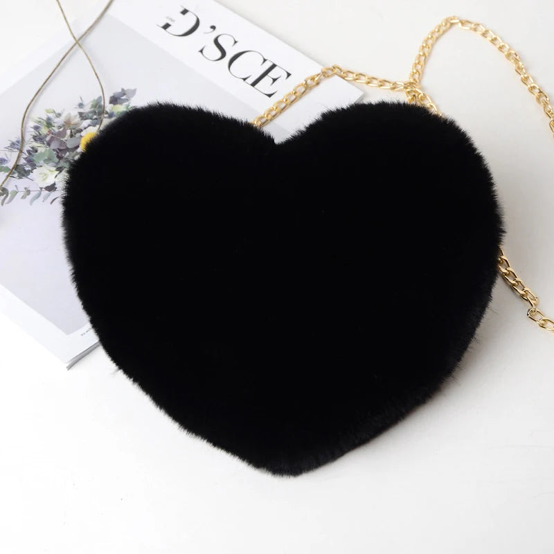 Fashion Women's Heart Shaped Handbags Cute Faux Fur Crossbody Bags Lady Soft Plush Chain Shoulder Bag Shopper Totes