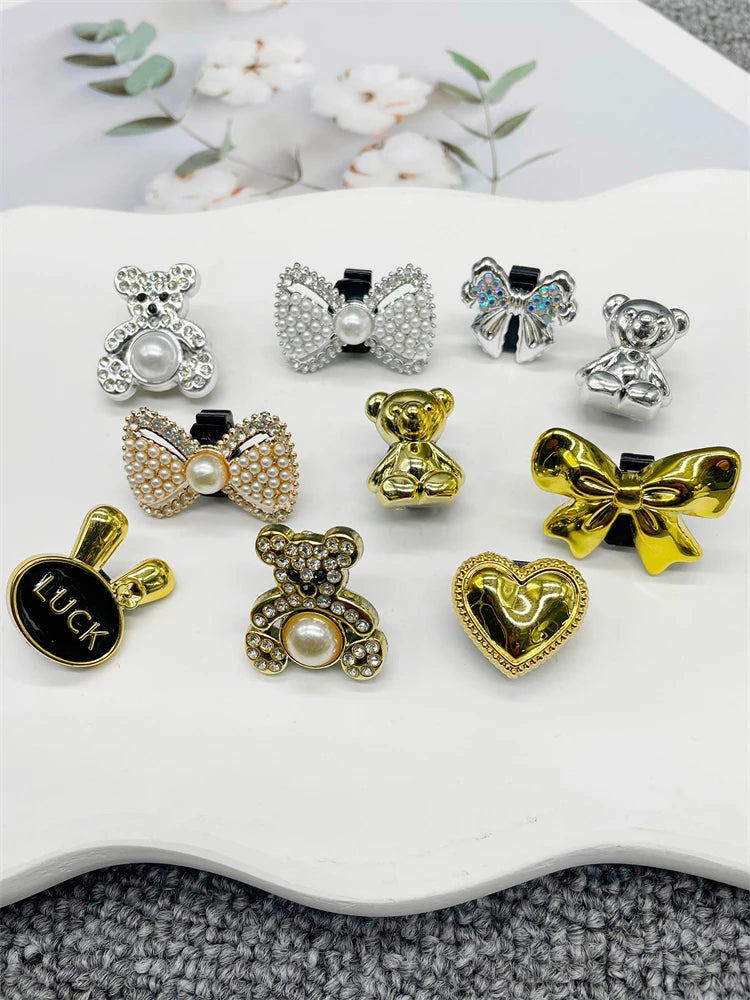 2PCS Bling Rhinestone Bear Shoelace Charms ABS Heart Bowtie Shoe Lace Decorations Accessories DIY Golden Shoe Clips Fit Sneakers