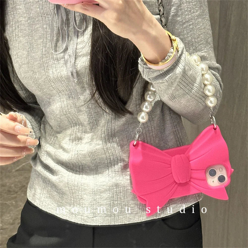Cute 3D Pink Bowknot Handbag Silicone Phone Case For iPhone 14 13 12 Pro Max 15 Lovely Girl Shockproof Soft Cover