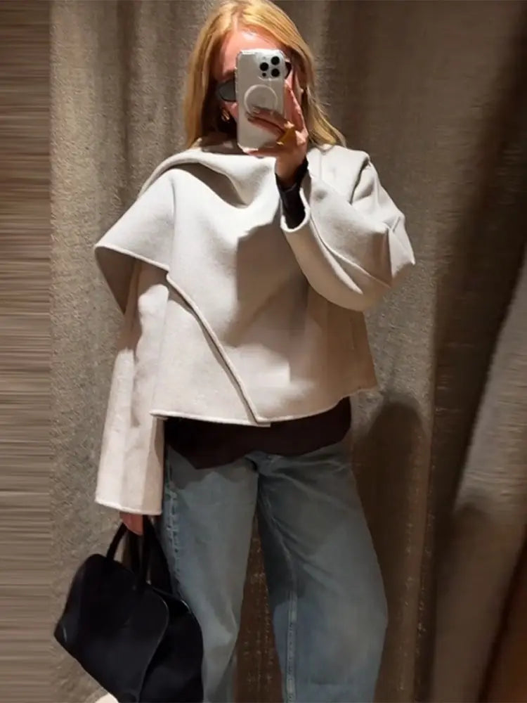 Winter Jacket Women Scarf Collar Short Woolen Coats Autumn 2025 Old Money Long Sleeve Solid Loose Bomber Jackets Chic Outerwears