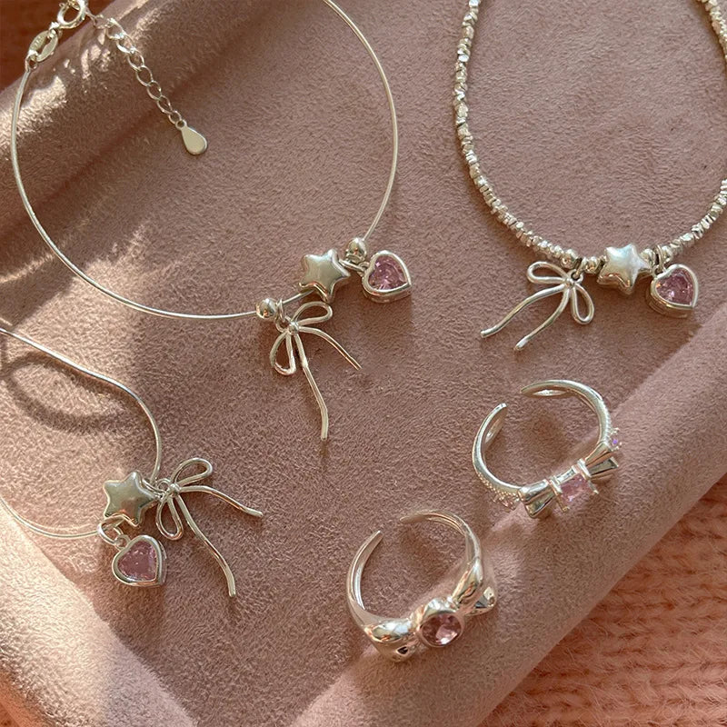 925 Sterling Silver Bracelet Bowtie Ribbon Pink Heart Star Cute Geometric For Woman Girl Fashion Jewelry Gift Dropship Wholesale