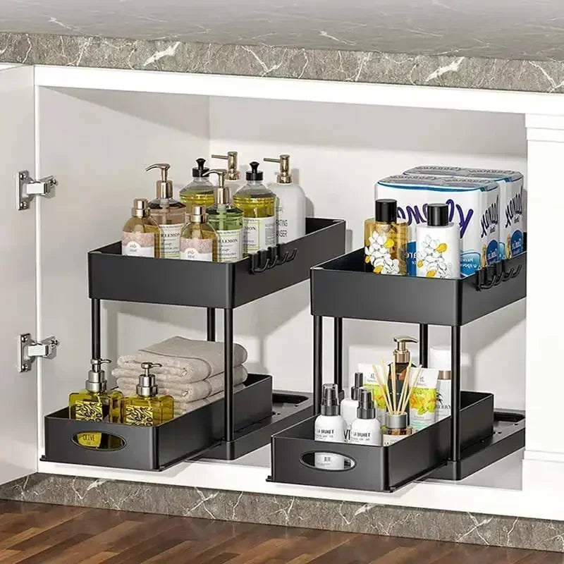 New 2 Tier Under Sink Organizer Sliding Cabinet Basket Kitchen Organizer Organizer Storage Rack with Hooks Hanging Cup Bathroom