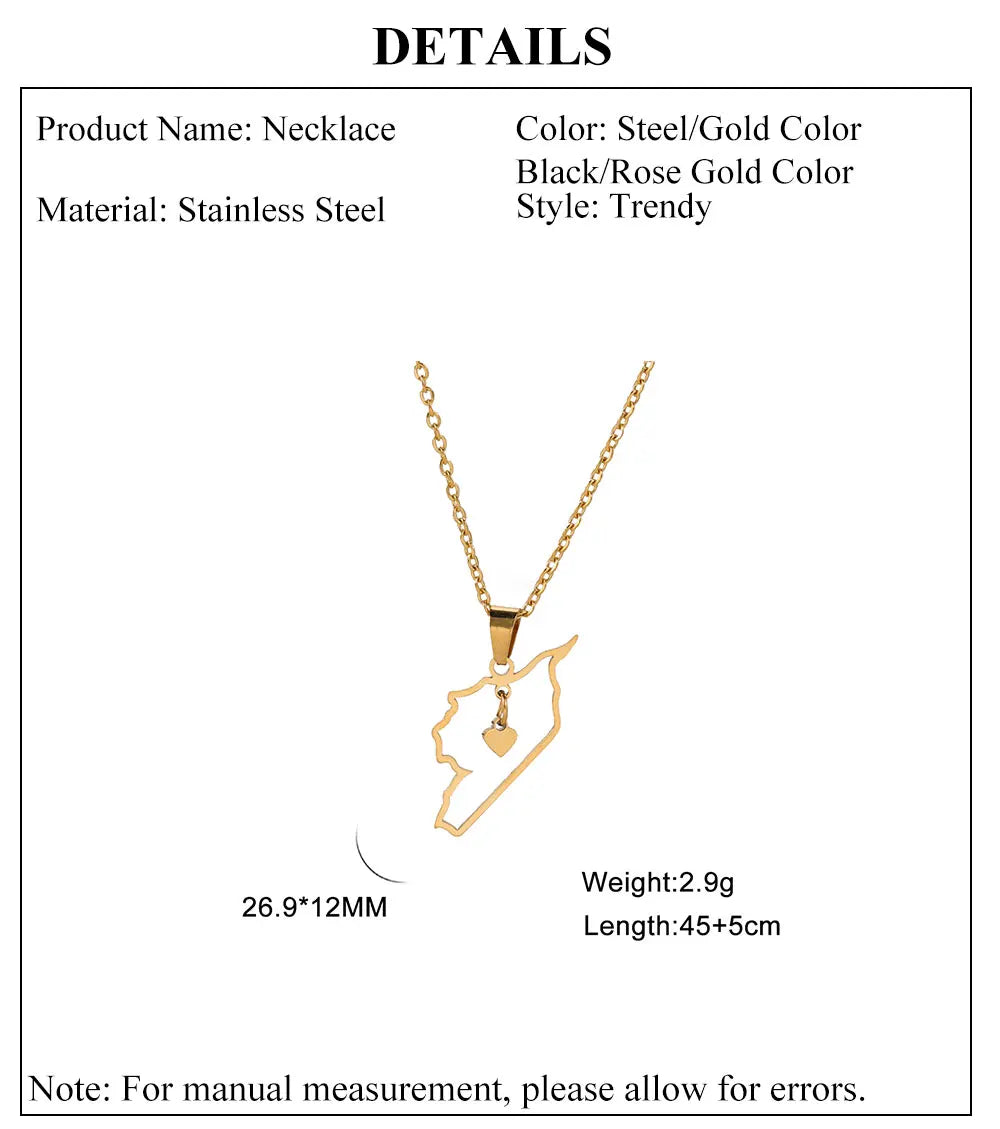 Cazador Stainless Steel Jewelry Geography Necklace Syria Map Heart Pendant Chain Necklace for Women Mother Gift Wholesale