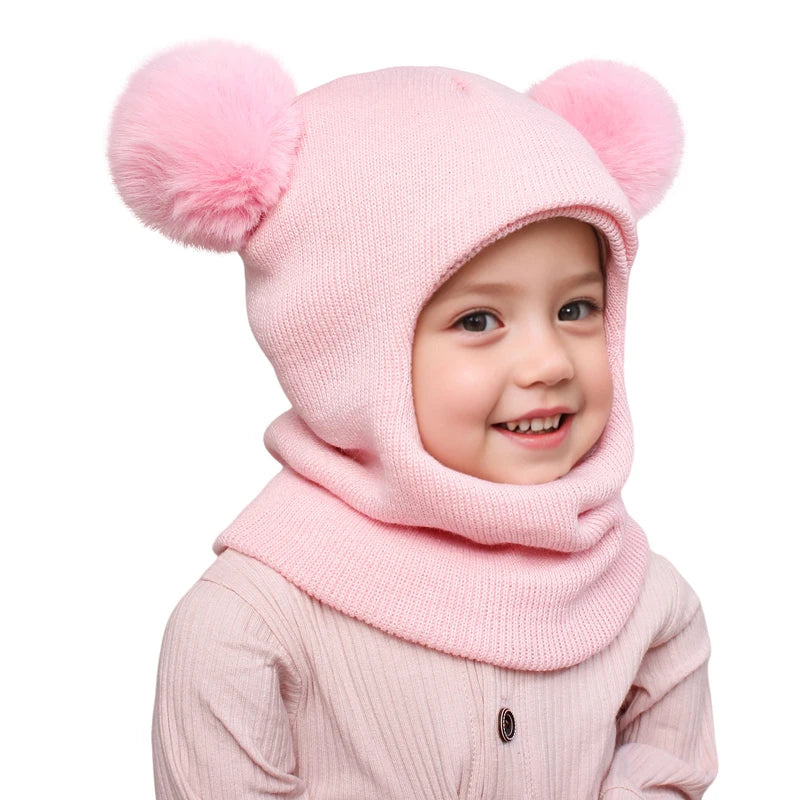 Pompom Baby Winter Hat Scarf One-piece Kids Knitted Beanie Warm Ears Neck Children Bonnet Infant Cap for Girls Boys 1-5Y