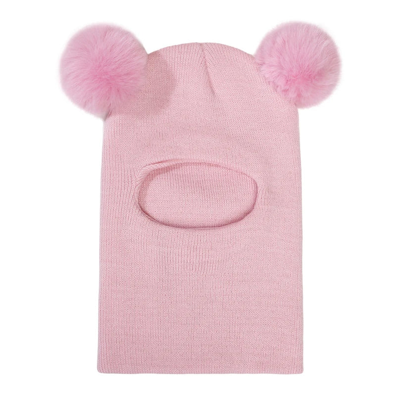 Pompom Baby Winter Hat Scarf One-piece Kids Knitted Beanie Warm Ears Neck Children Bonnet Infant Cap for Girls Boys 1-5Y
