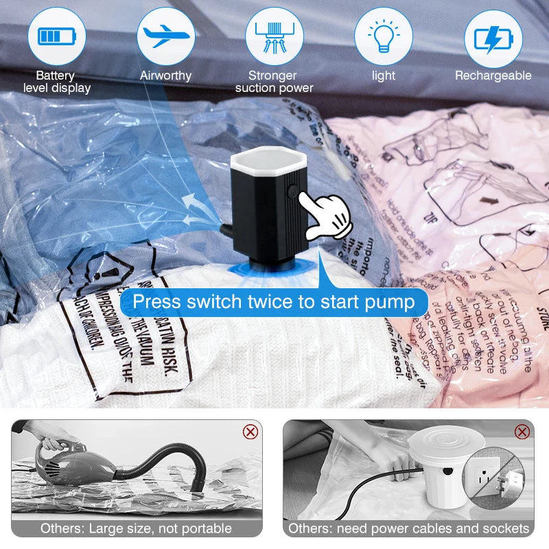 1-15pc Universal Vacuum Storage Bag with Cordless Electric Pump,Rechargeable Wireless Pump for Bags,Space Saver Travel Organizer
