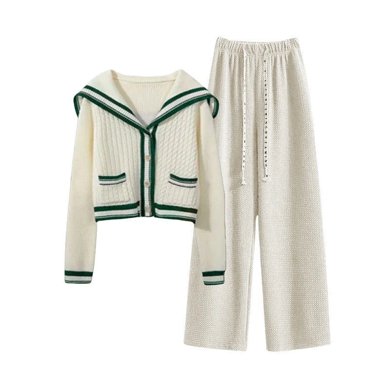 New In Spring Women's 2 Pieces Set Sweet Preppy Style Sweater Cardigan Long Sleeve Crop Top Wide Leg Pants Casual Lady's Outfits