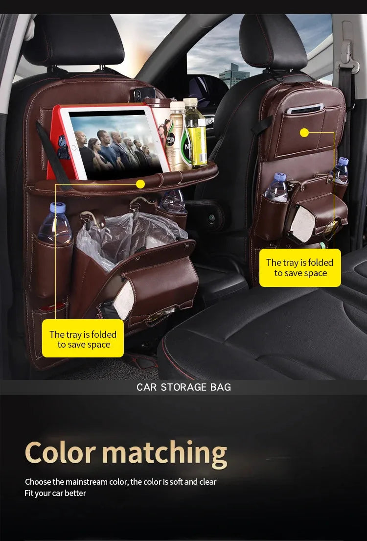 Car Back Seat Organizer Storage Bag with Foldable Table Tray Tablet Holder Tissue Box Auto Back Seat Bag Protector Accessories