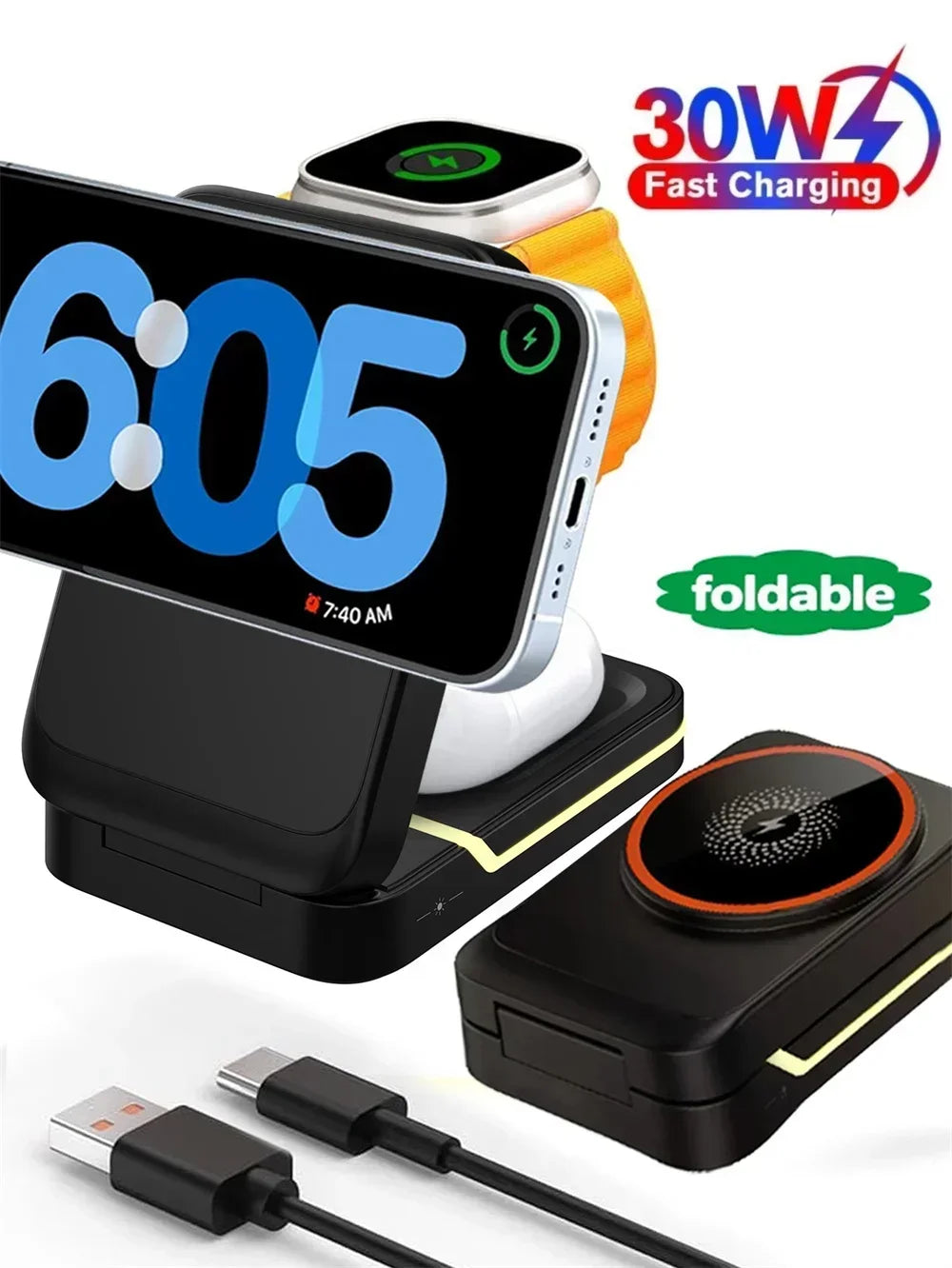 3in1 Magnetic Wireless Charger Station 30W Fast Charging for iPhone 16 15 14 Pro Max iWatch AirPods Phone Adapter Stand