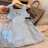 MILANCEL New Summer 2 - 7 Years Old Girls' Blue Denim Sling Dress with Waist - revealing Design - Stylish Summer Outfit