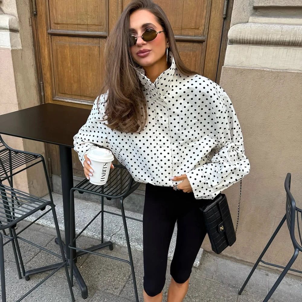 Tuularose Zipper Full Sleeve Short Polka Dot Printing Thin Jackets Women Casual Stand Neck Slim Coat Lady New Highstreet Outwear