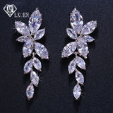 LXOEN Marquise Cut Flower Zirconia Crystal Long Drop Earrings for Women Shiny Leaf CZ Stone Bridal Wedding Jewelry