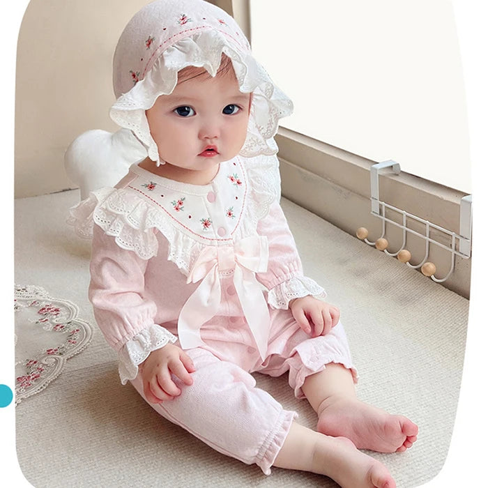 Infant Baby Girls Jumpsuit+Hat Embroidery Lace Stitching Cotton Long Sleeve Toddler Baby Girl Romper Spring Autumn Baby Clothes