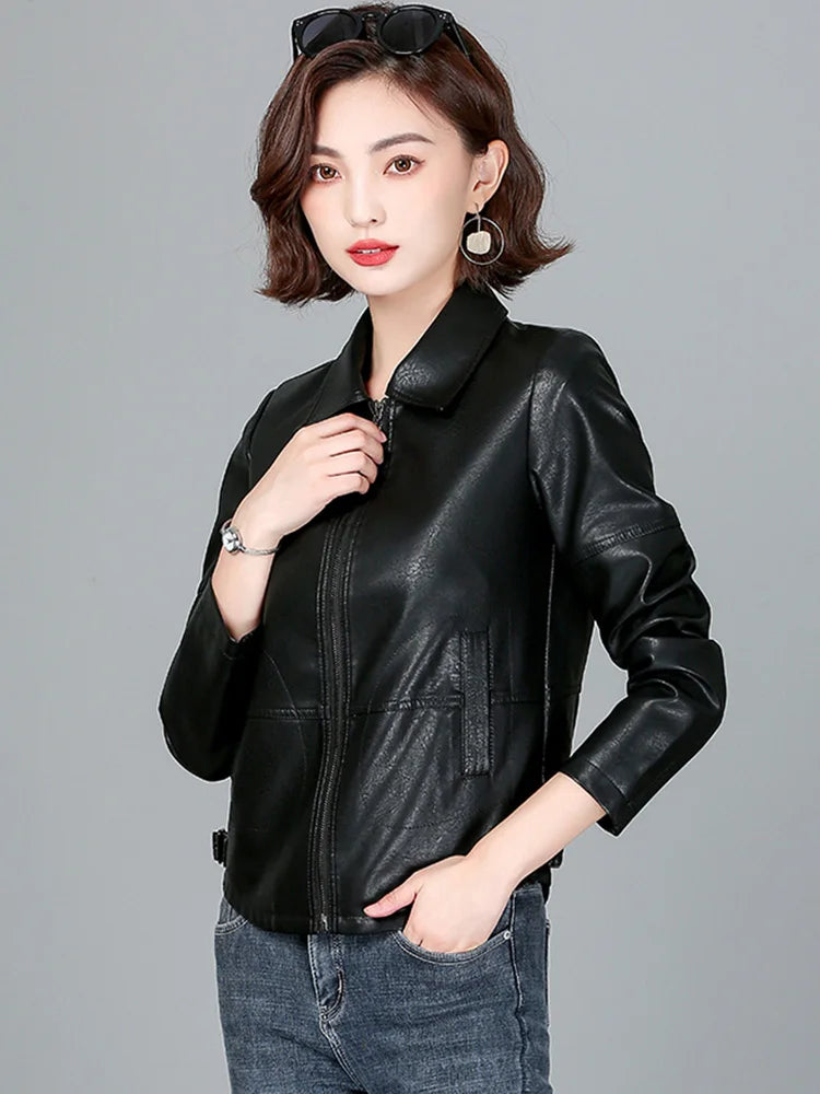New Women Sheepskin Jacket Spring Autumn 2025 Fashion Casual Long Sleeve Short Zipper Leather Coat Loose Split Leather Outerwear