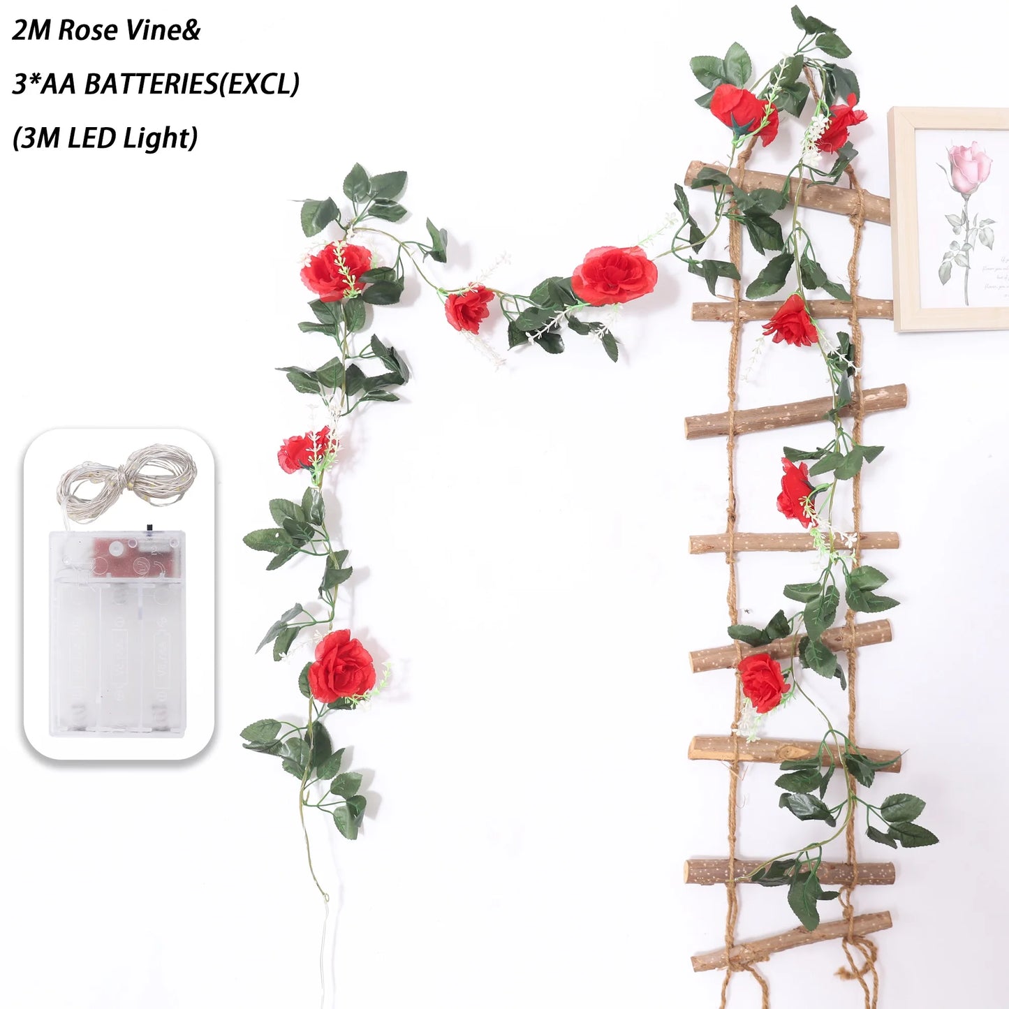 200cm Rose Artificial Flowers Vine LED String Lights For Wedding Garland Home Decor Fake Rose Rattan Hanging Wall Arch Ornament