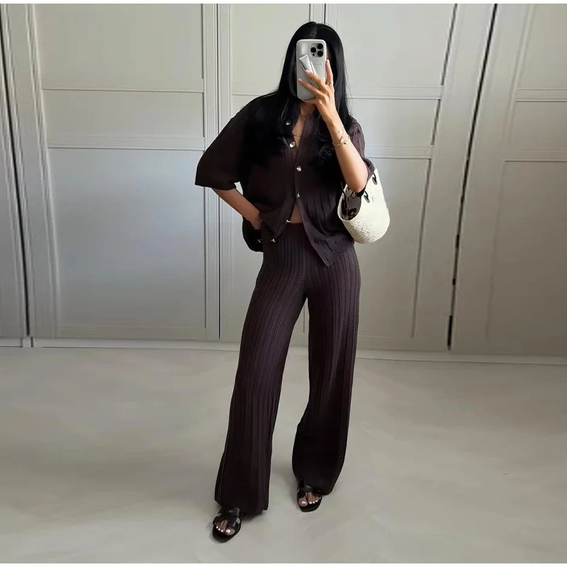 Fashion Knitted Long Pants Sets For Women Elegant Short Sleeve Lapel Single Breasted Cardigan Wide Leg Trousers 2 Pieces Suits