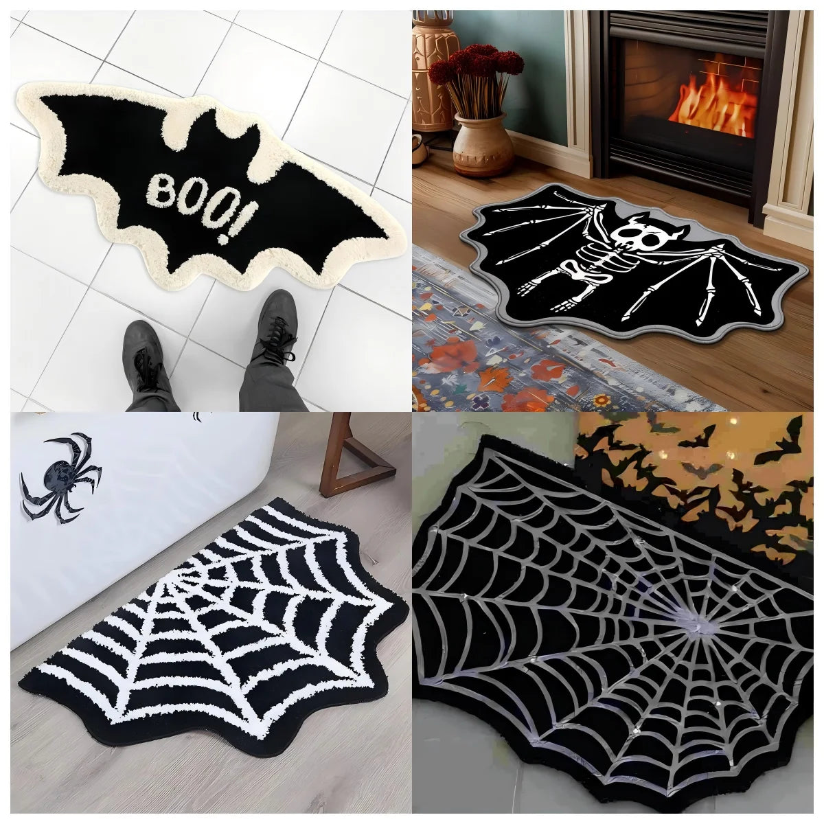 VIKAMA Halloween Shaped Decorative Rug Black Spider Web Ghost Gothic Bathroom Entryway Footrest Washable Dirty Resistant Carpet