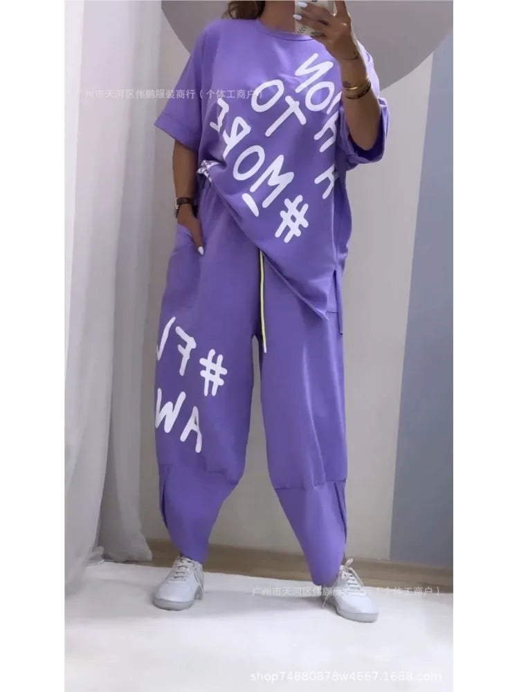 Spring Summer New Fashion Letters Printed T Shirt Women Short Sleeve Suit Simple Loose Casual Pocket Female Pants 2 Piece Set