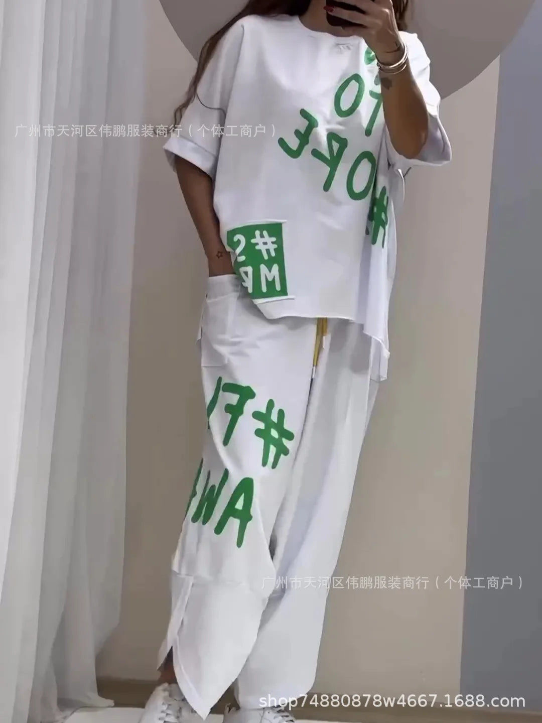 Spring Summer New Fashion Letters Printed T Shirt Women Short Sleeve Suit Simple Loose Casual Pocket Female Pants 2 Piece Set