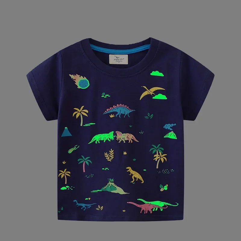 Kids Luminous Cartoon Dinosaur T-shirt 2-7 Years 100% Cotton Baby Boys Tees Summer New Short Sleeve Tops Dropshipping