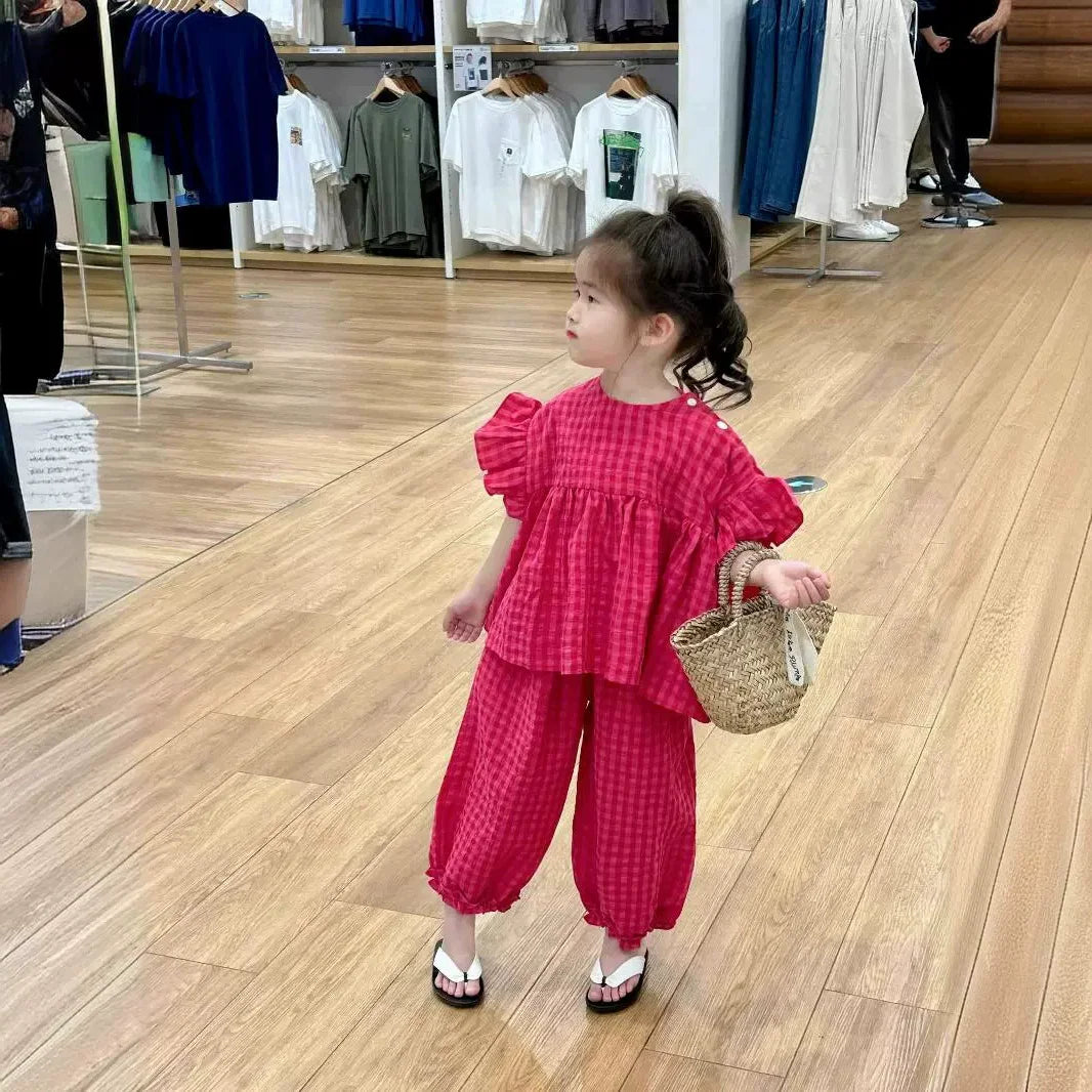 Summer Spring Baby Girls Cotton Loose Red Plaid Ruffle Sleeves Shirt Tops+Crop Pant Sets Child Outfit Kids 2PCS Tracksuit 2-10Yr