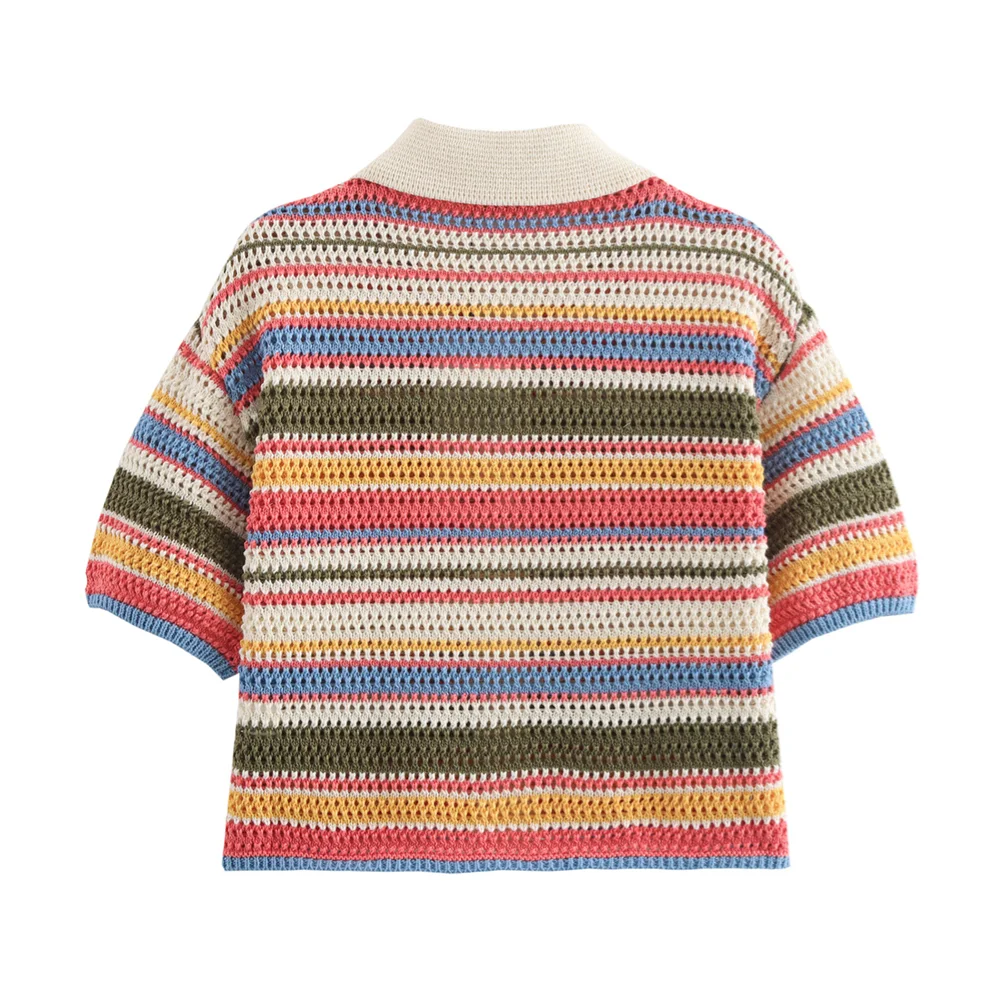PB&ZA2024 autumn new women's clothing fashion temperament slim fit casual POLO collar short knitted sweater striped shorts set