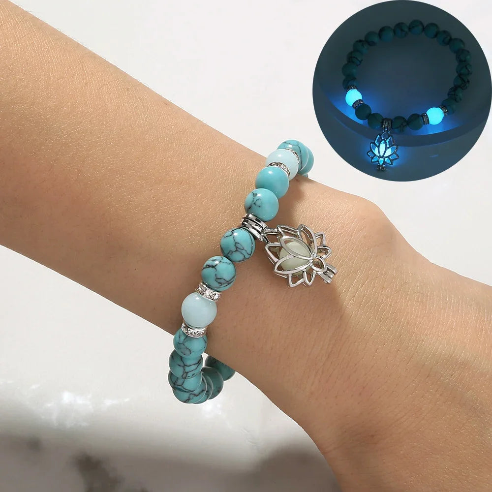 Glow In The Dark Beaded Bracelet For Women Hollow Flower Turtle Lava Stone Beads Elastic Chain Bangle Fashion Luminous Jewelry