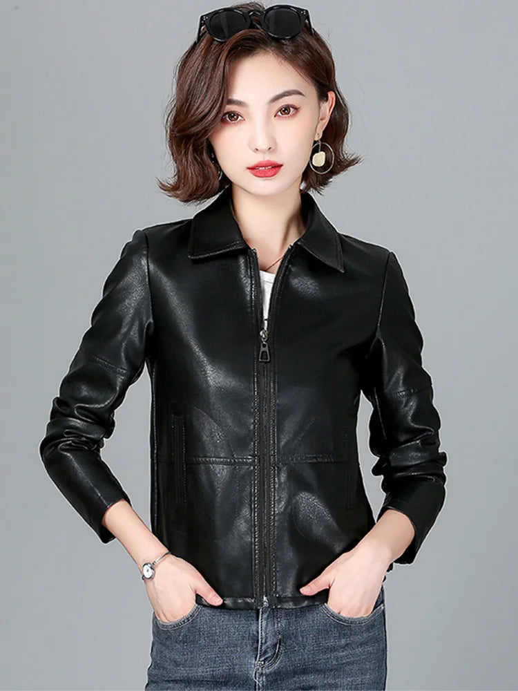 New Women Sheepskin Jacket Spring Autumn 2025 Fashion Casual Long Sleeve Short Zipper Leather Coat Loose Split Leather Outerwear