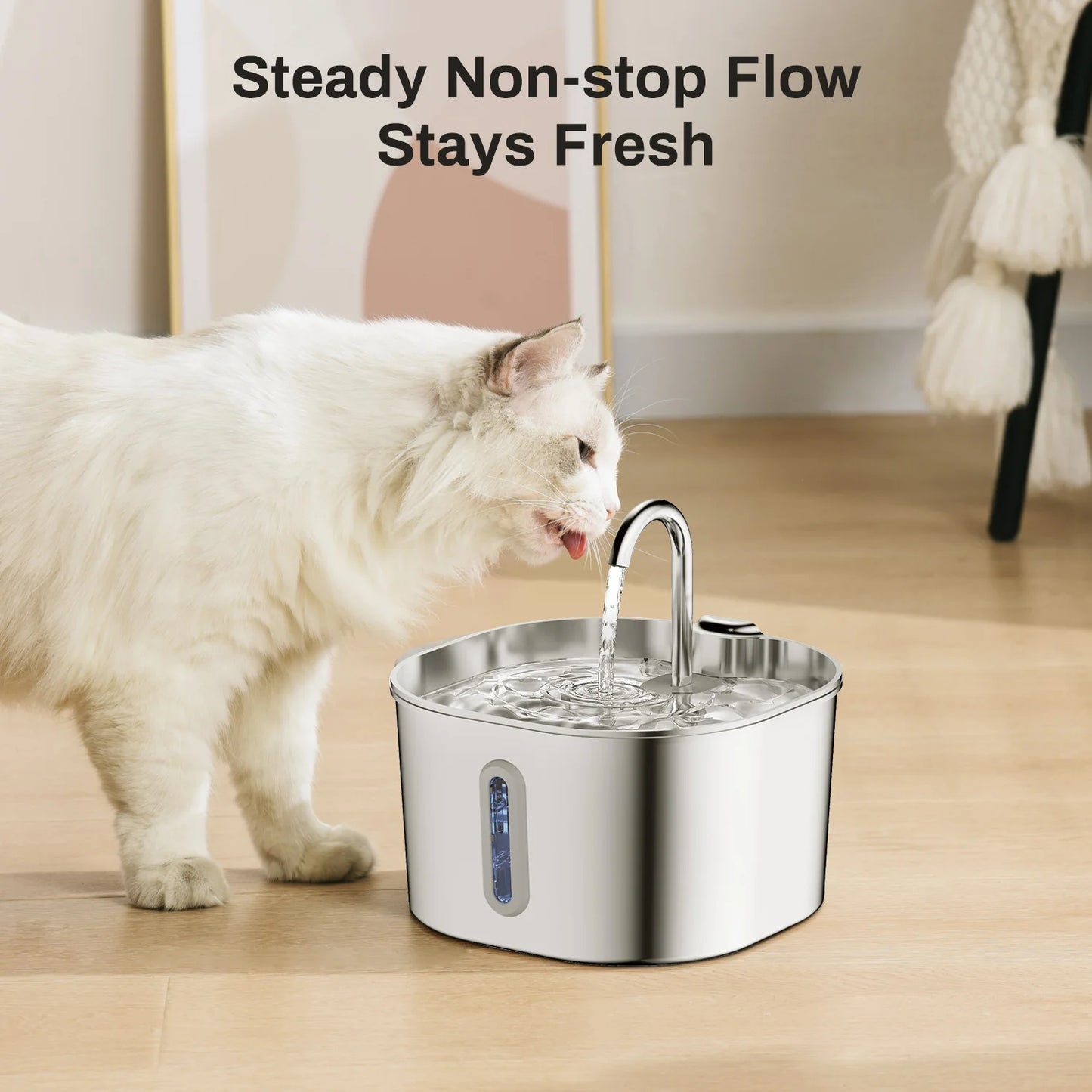 ZYFeeder 2.2L Automatic Cat Water Fountain Square Stainless Steel Pet Water Feeder Dog Water Fountain with window(No 5V 1A Plug)