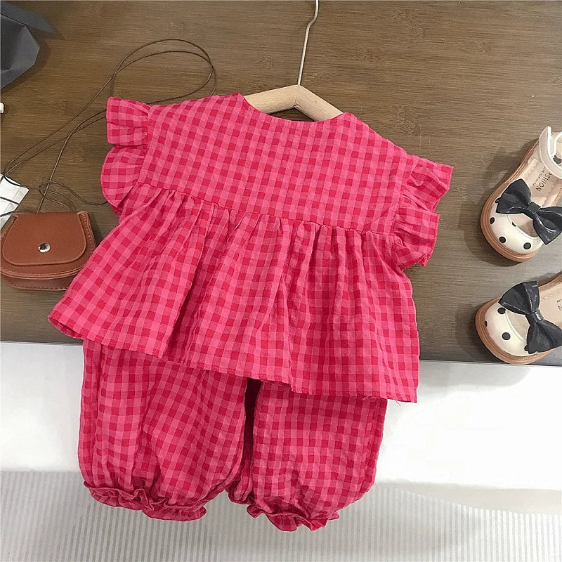 Summer Spring Baby Girls Cotton Loose Red Plaid Ruffle Sleeves Shirt Tops+Crop Pant Sets Child Outfit Kids 2PCS Tracksuit 2-10Yr