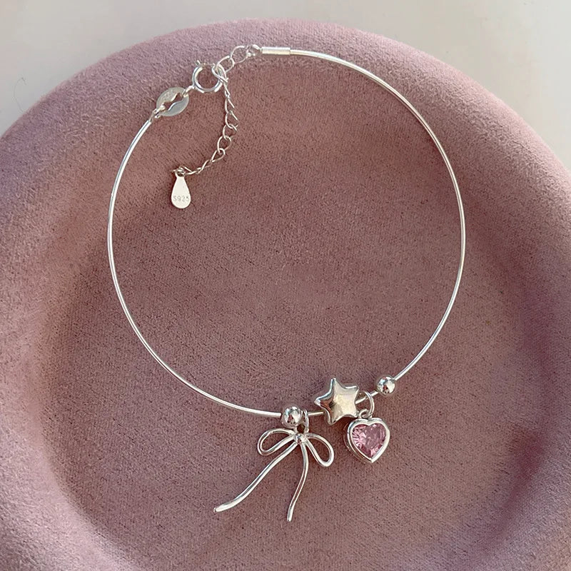 925 Sterling Silver Bracelet Bowtie Ribbon Pink Heart Star Cute Geometric For Woman Girl Fashion Jewelry Gift Dropship Wholesale