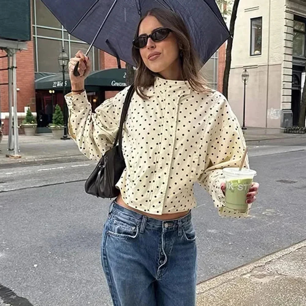 Tuularose Zipper Full Sleeve Short Polka Dot Printing Thin Jackets Women Casual Stand Neck Slim Coat Lady New Highstreet Outwear