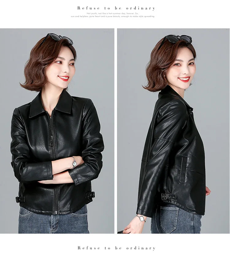New Women Sheepskin Jacket Spring Autumn 2025 Fashion Casual Long Sleeve Short Zipper Leather Coat Loose Split Leather Outerwear