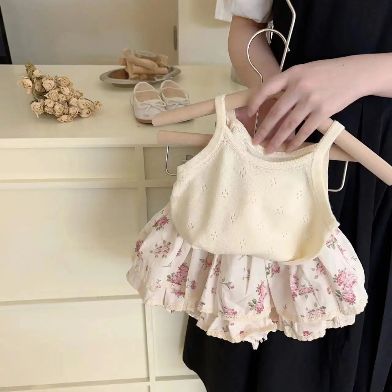 Ins Summer Toddler Girl Outfit 2024 Hollow Cool Slip Tees Lace Rose Flower Bud Shorts Baby Girl 2PCS Clothes Set Kid Girl Suits