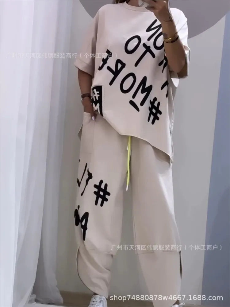 Spring Summer New Fashion Letters Printed T Shirt Women Short Sleeve Suit Simple Loose Casual Pocket Female Pants 2 Piece Set
