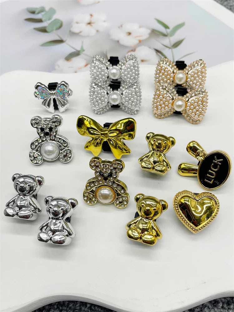 2PCS Bling Rhinestone Bear Shoelace Charms ABS Heart Bowtie Shoe Lace Decorations Accessories DIY Golden Shoe Clips Fit Sneakers