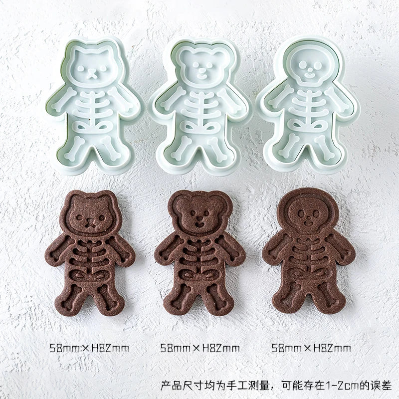 3Pcs Halloween Skull Cookie Cutter 3D Plastic Skeleton Gingerbread Man Biscuit Mold Fondant Pastry Cartoon Cake Decoration