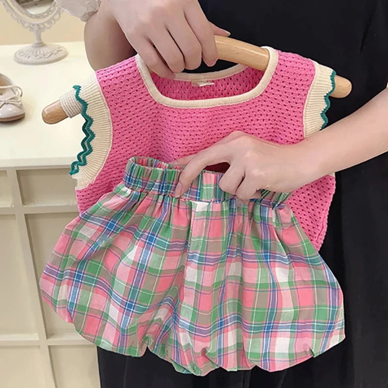 Girl's Clothing Sets 2025 Summer Korean Pink Thin Knitted Girl Set Children Hollow Breathable Vest +Flower Bud Shorts Two-piece