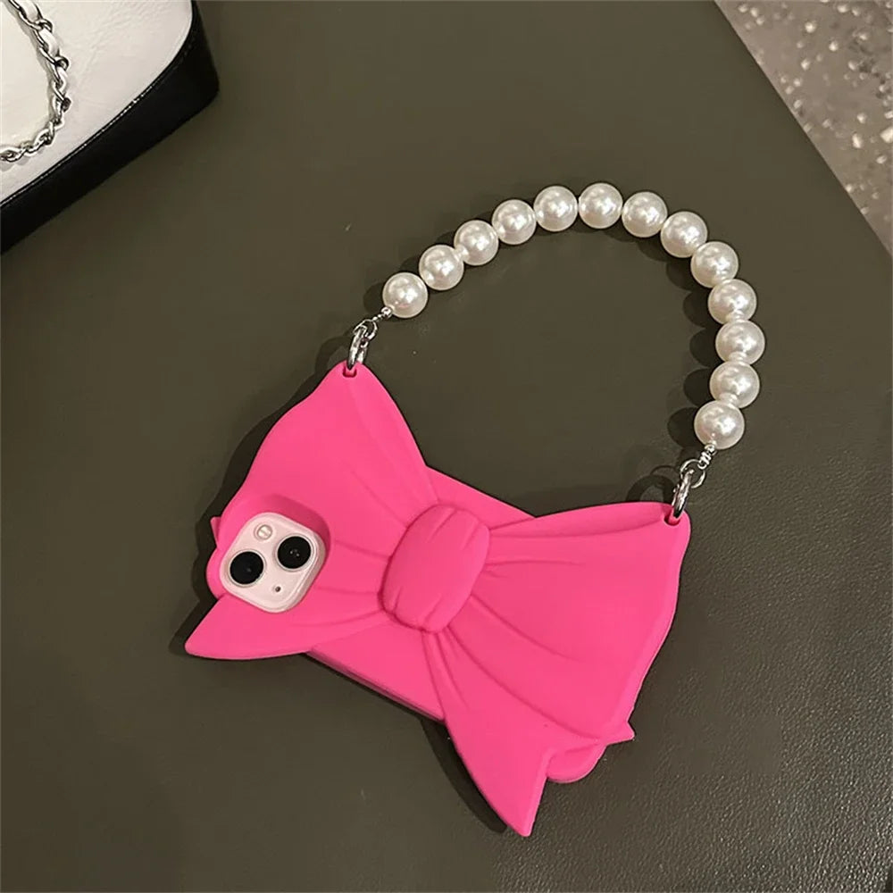 Cute 3D Pink Bowknot Handbag Silicone Phone Case For iPhone 14 13 12 Pro Max 15 Lovely Girl Shockproof Soft Cover