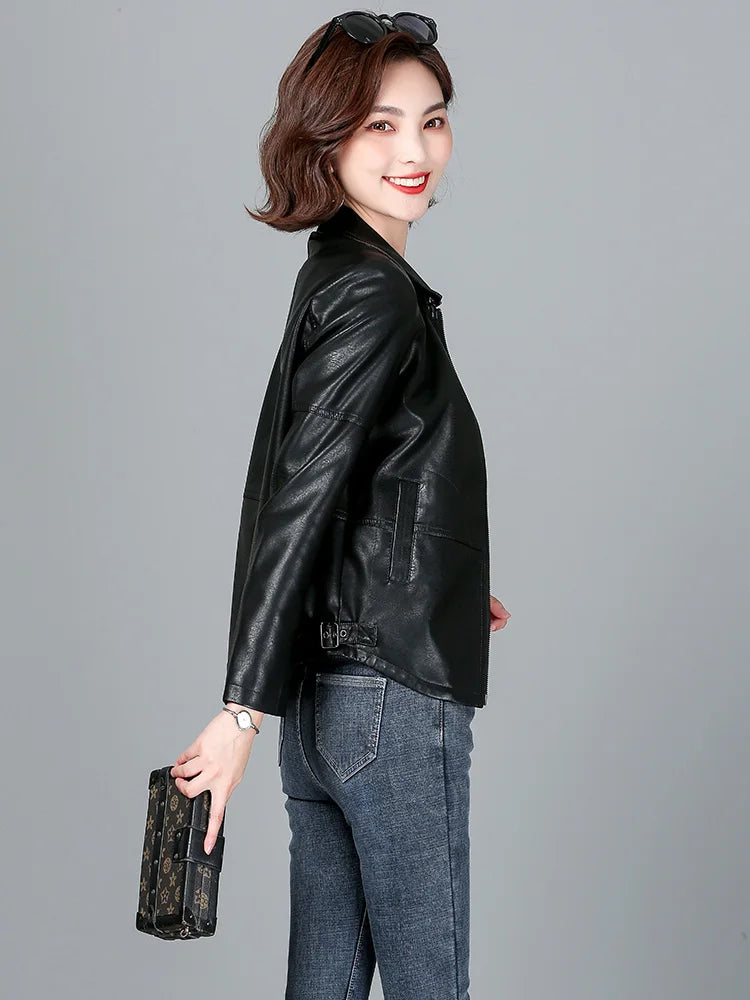 New Women Sheepskin Jacket Spring Autumn 2025 Fashion Casual Long Sleeve Short Zipper Leather Coat Loose Split Leather Outerwear
