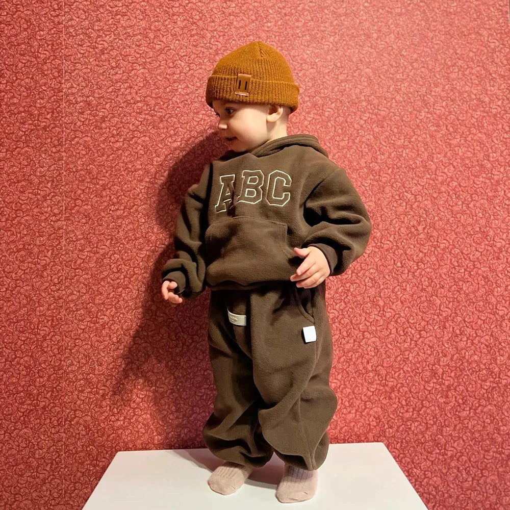 Children's Fleece Suits Insulated Baby Boy Winter Clothes Sets Letters Pullover Hoodie Sweater Top Pants Outfit Girl Tracksuit