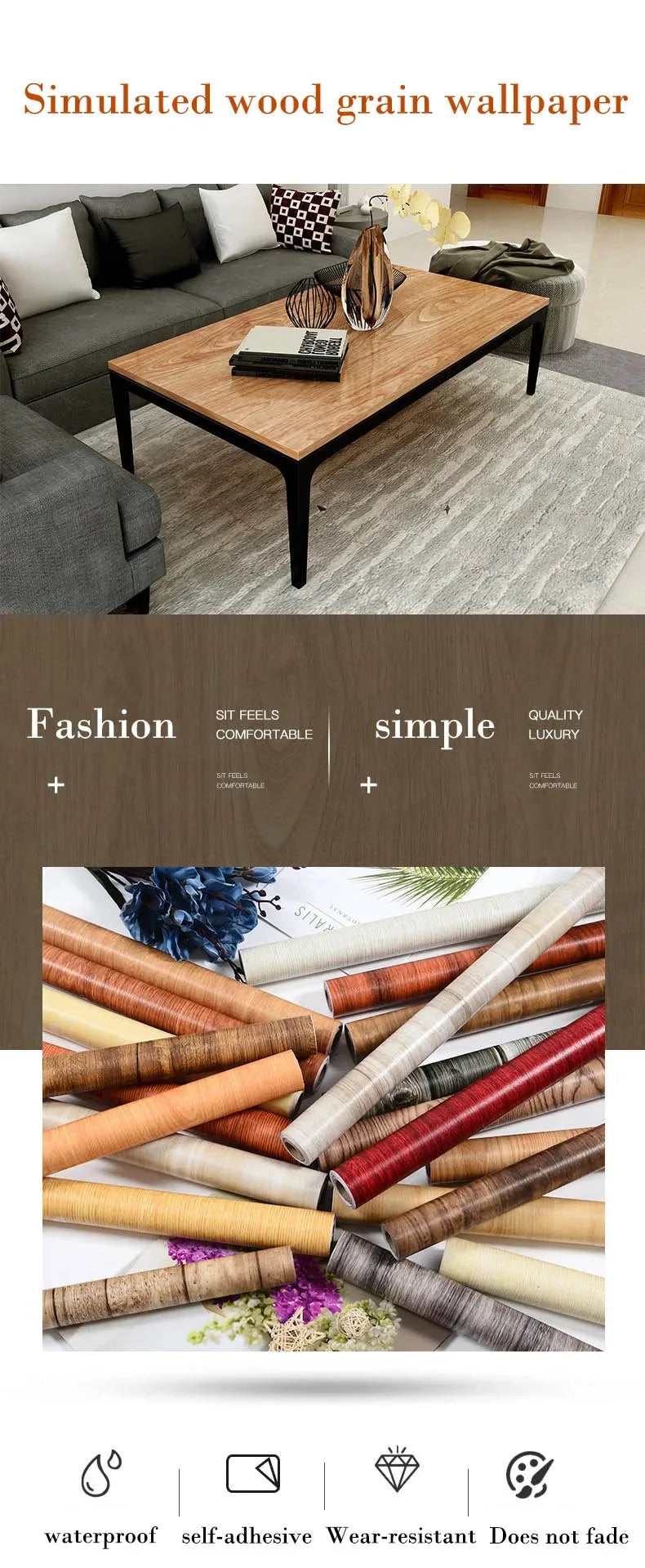 45CM Groot Rol Houtnerf Muurpapier Skil En Plak Kontakpapier Verwyderbare Selfklevende Muurpapier Dekoratief Vir Werkblaaie