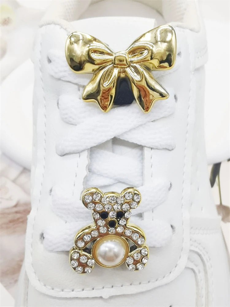 2PCS Bling Rhinestone Bear Shoelace Charms ABS Heart Bowtie Shoe Lace Decorations Accessories DIY Golden Shoe Clips Fit Sneakers