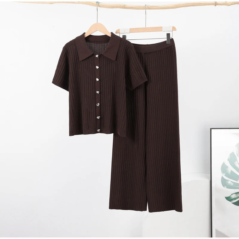 Fashion Knitted Long Pants Sets For Women Elegant Short Sleeve Lapel Single Breasted Cardigan Wide Leg Trousers 2 Pieces Suits